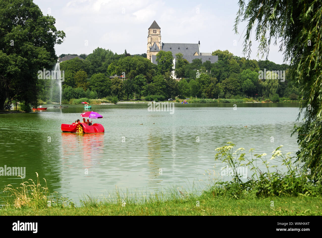 Castle pond with castle church, Chemnitz Stock Photo