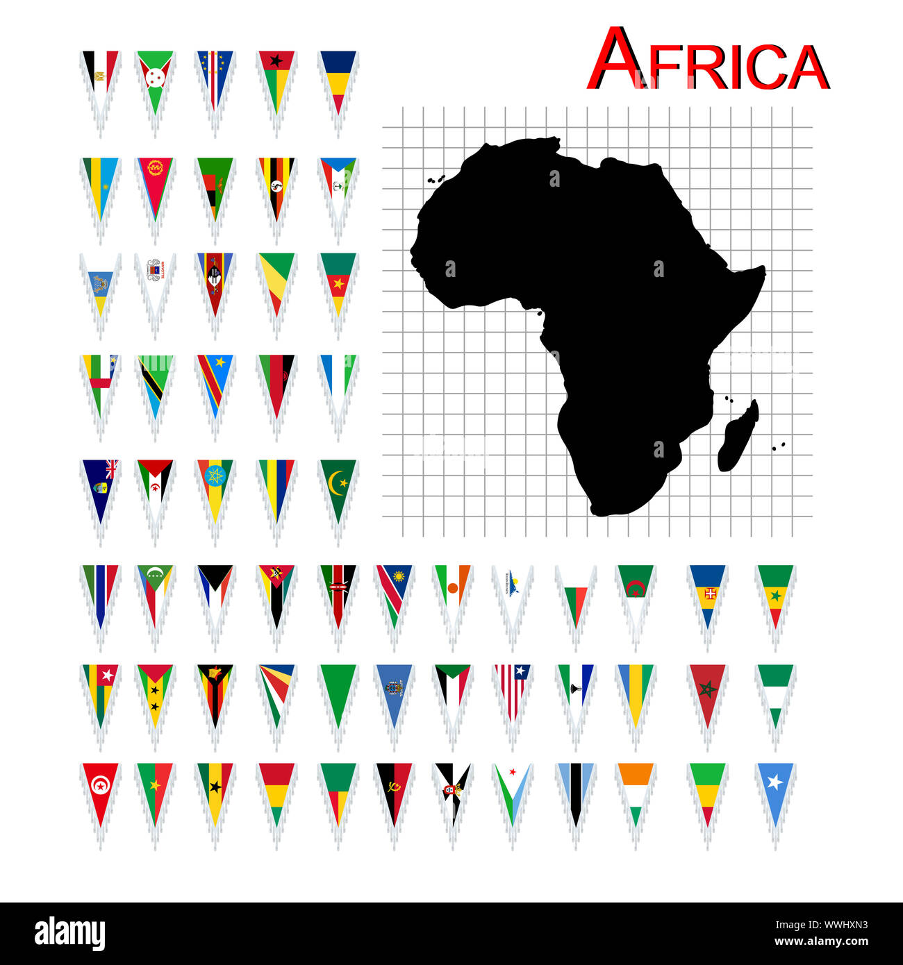 Complete set of African flags and map, isolated and grouped objects over white background Stock Photo