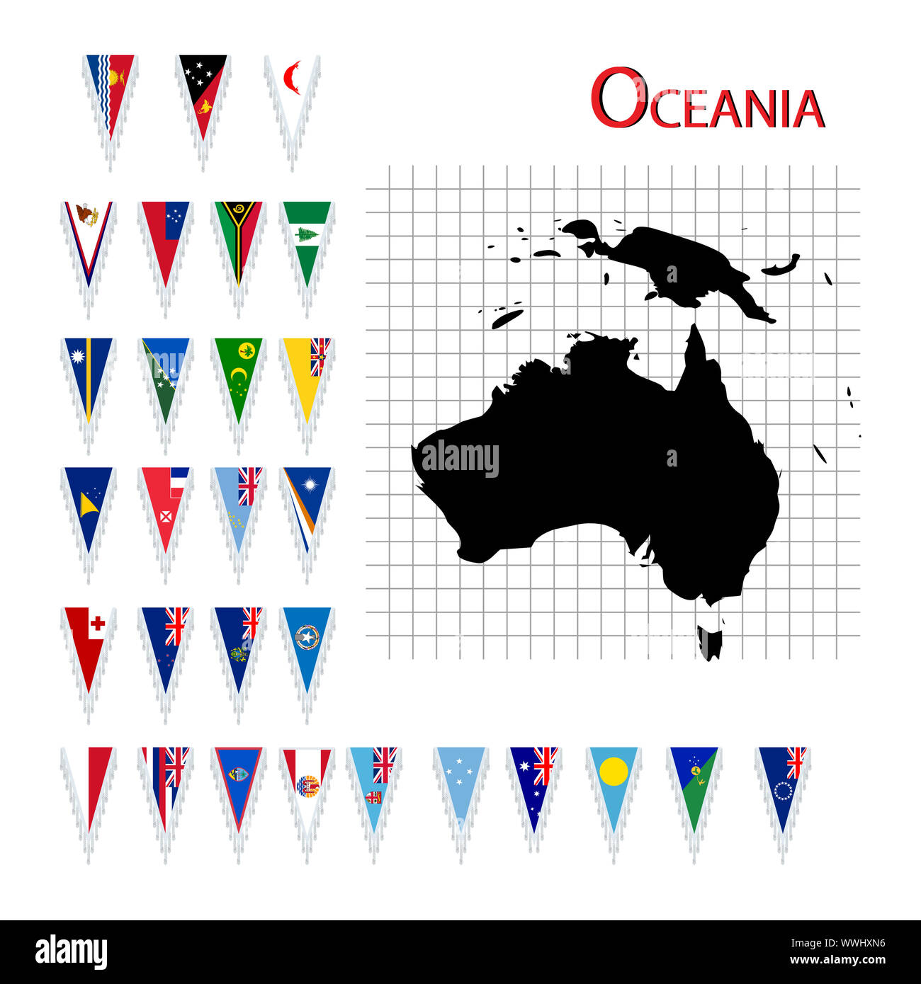 Complete set of Oceania flags and map, isolated and grouped objects over white background Stock Photo
