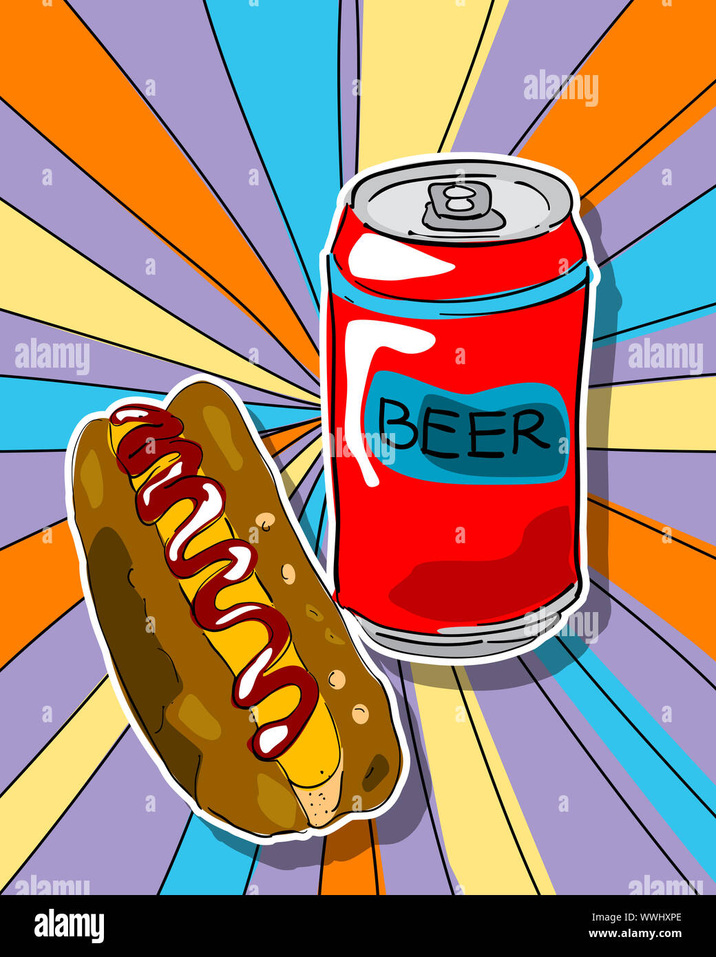 Pop Art Graphic Background With Hot Dog And Beer Can Junk Food