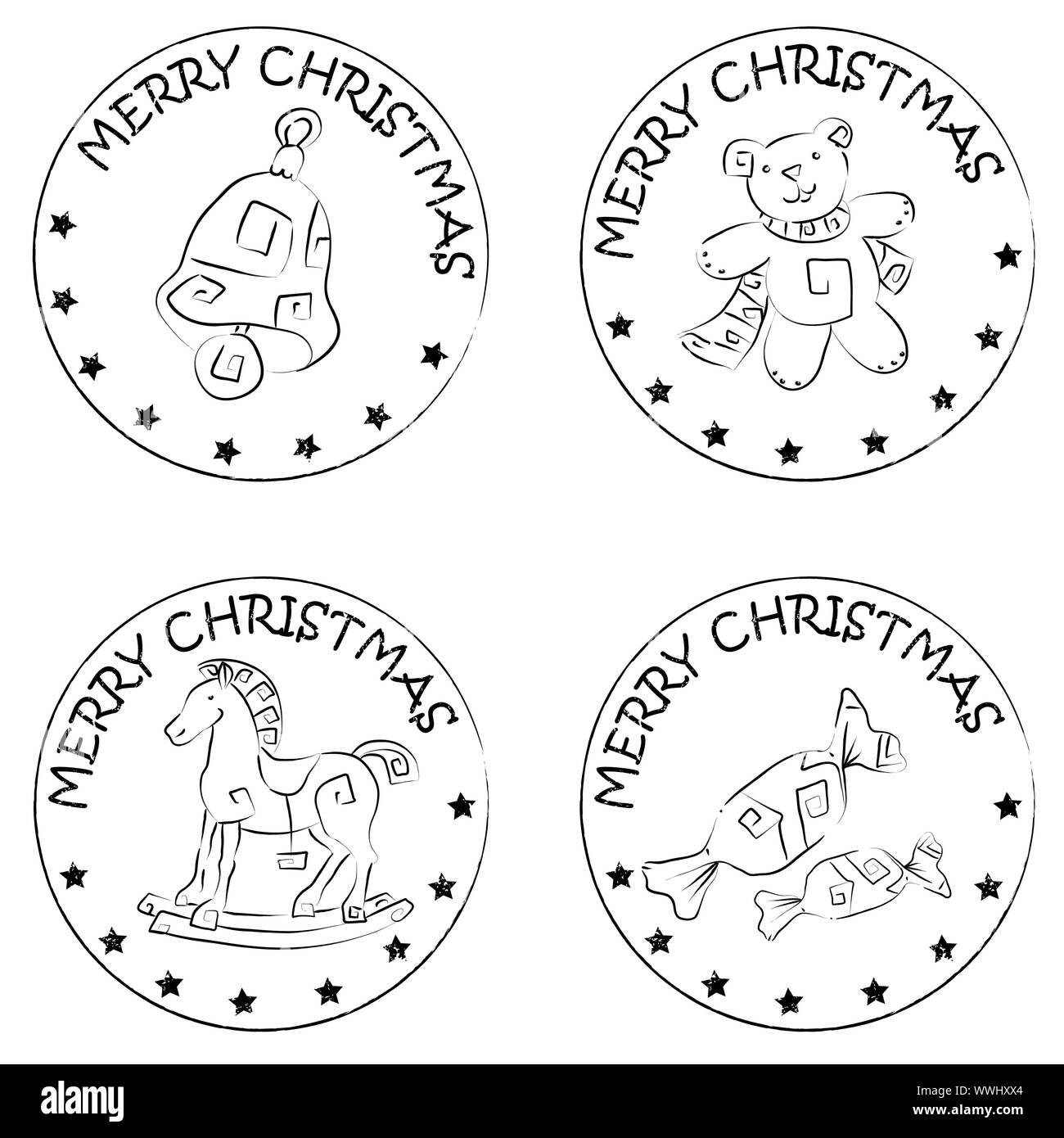 4 christmas coin stamps isolated on white with stars and merry christmas text, teddy bear, rocking horse, candy, bell Stock Photo