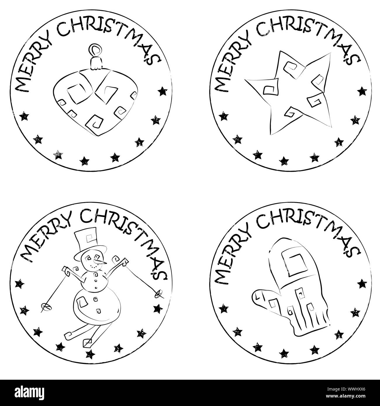 4 christmas coin stamps isolated on white with stars and merry christmas text, snowman, star, glove, globe Stock Photo