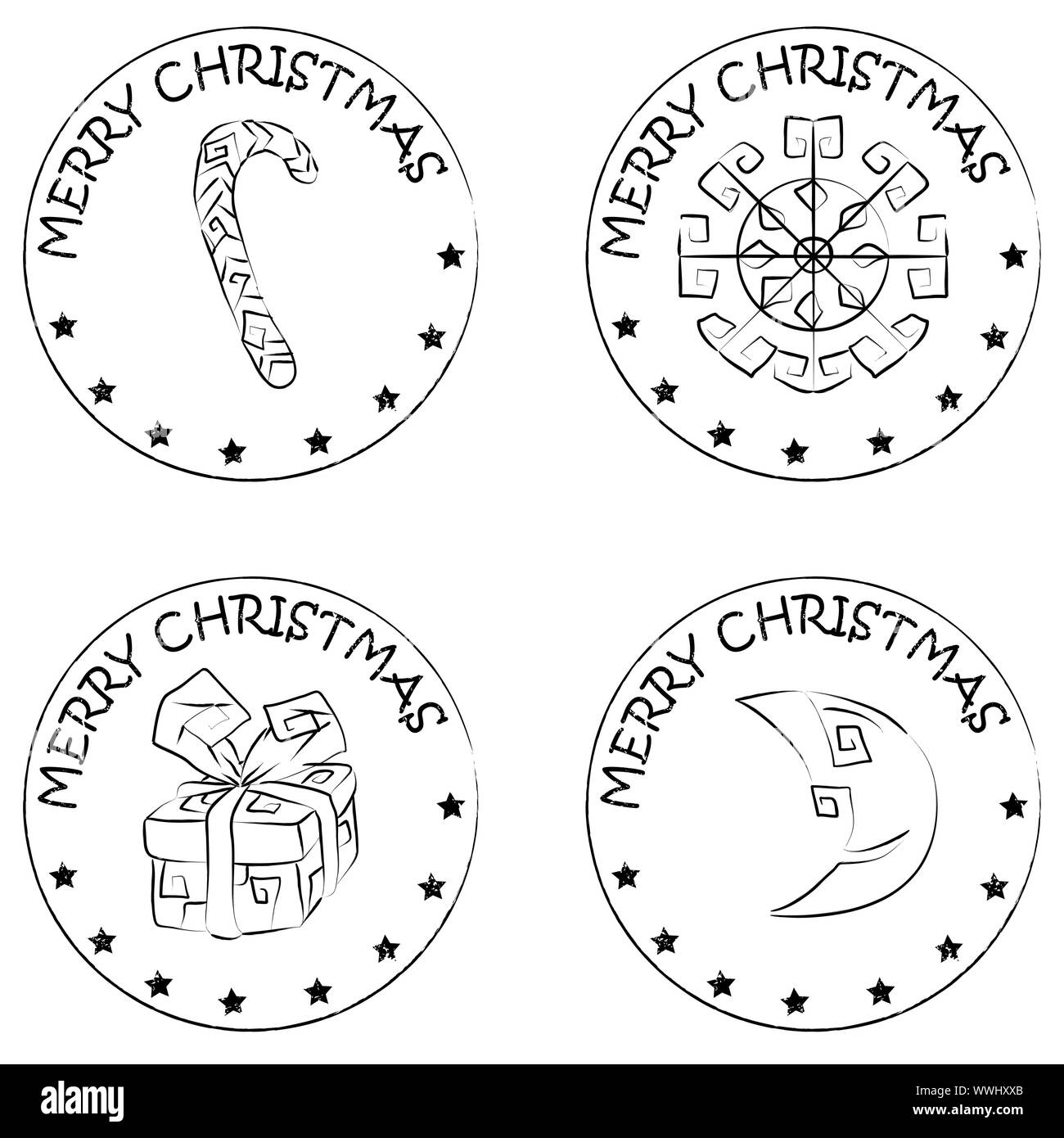 4 christmas coin stamps isolated on white with stars and merry christmas text, snowflake, present, moon, candy Stock Photo