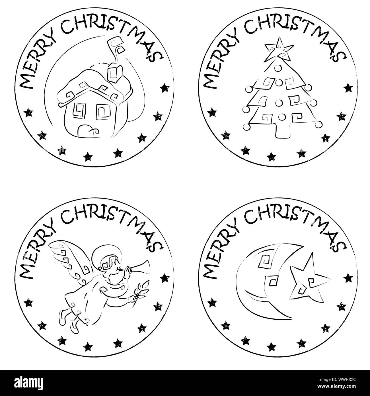 4 christmas coin stamps isolated on white with stars and merry christmas text, snow house, xmas tree, angel, moon and comet Stock Photo