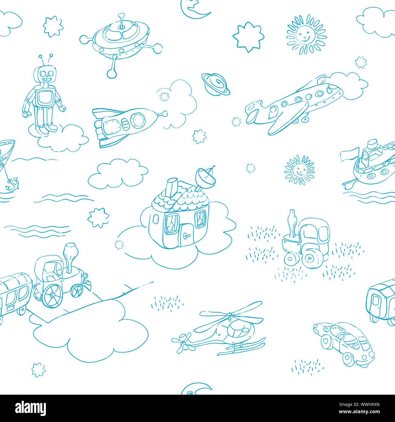 science retro 3D toys doodle pattern isolated on white Stock Photo - Alamy