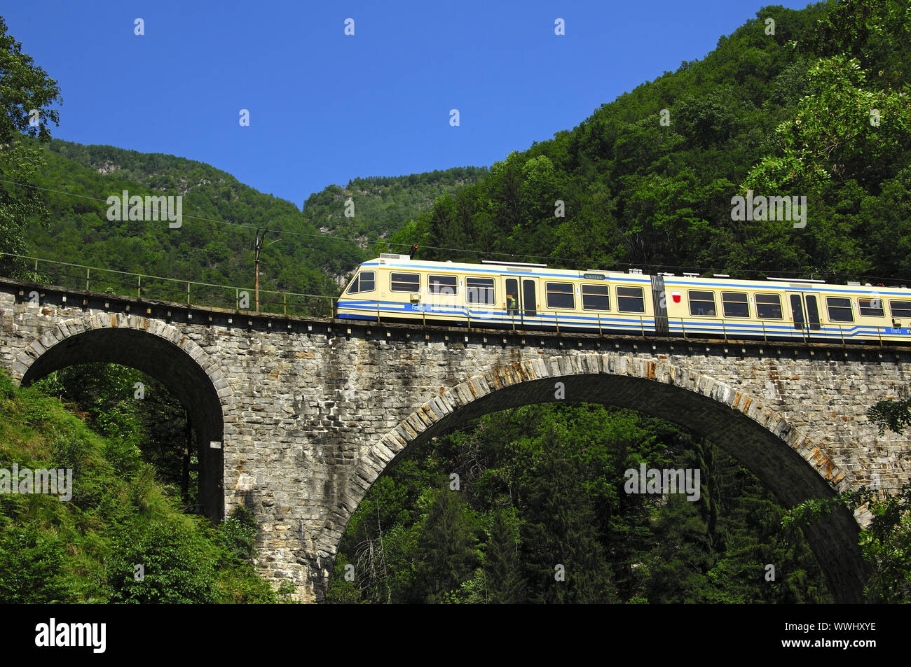 Centovalli railway on a viaduct in Centovalli Stock Photo