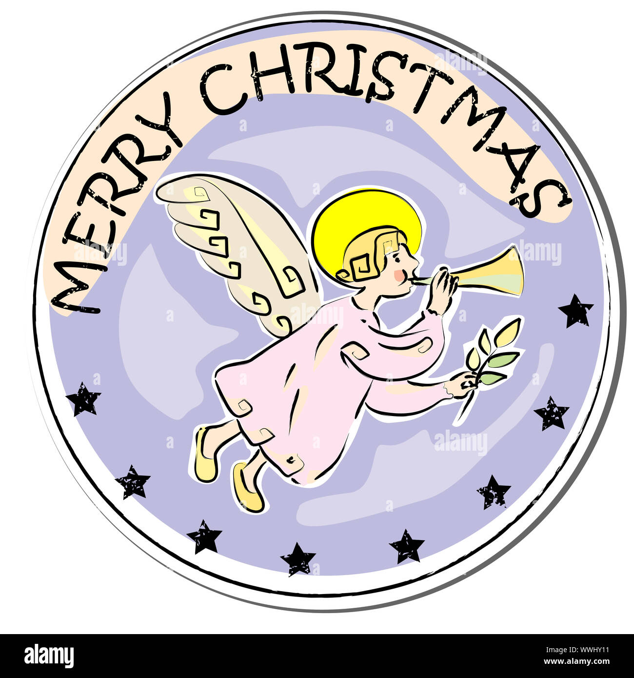 merry christmas retro sticker with angel playing trumpet isolated on white Stock Photo