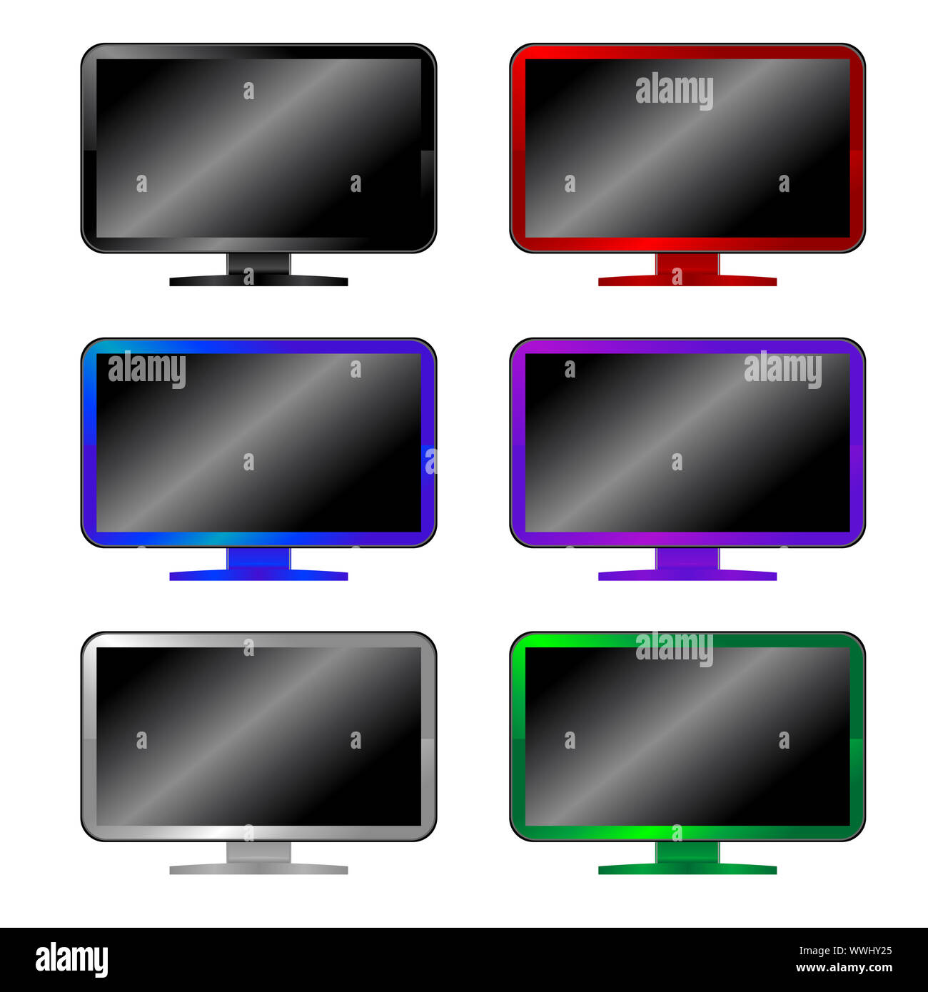 set of colored computer monitors, six pieces isolated on white Stock ...