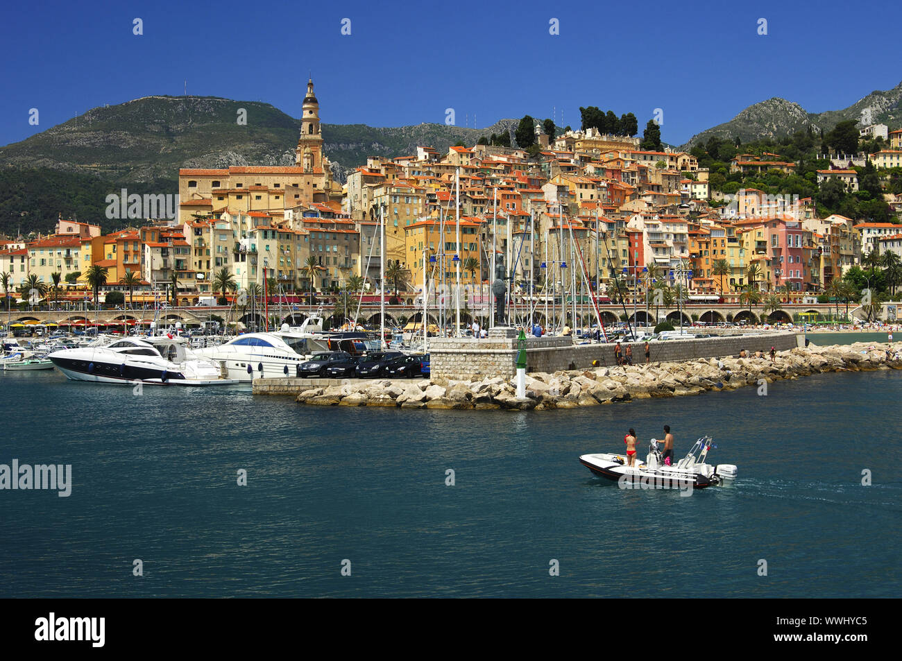 Return of a Zodiac boat, Menton, France Stock Photo