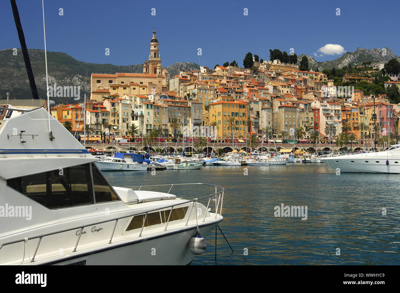 The Old Harbour in front of the Old Town of Menton Stock Photo