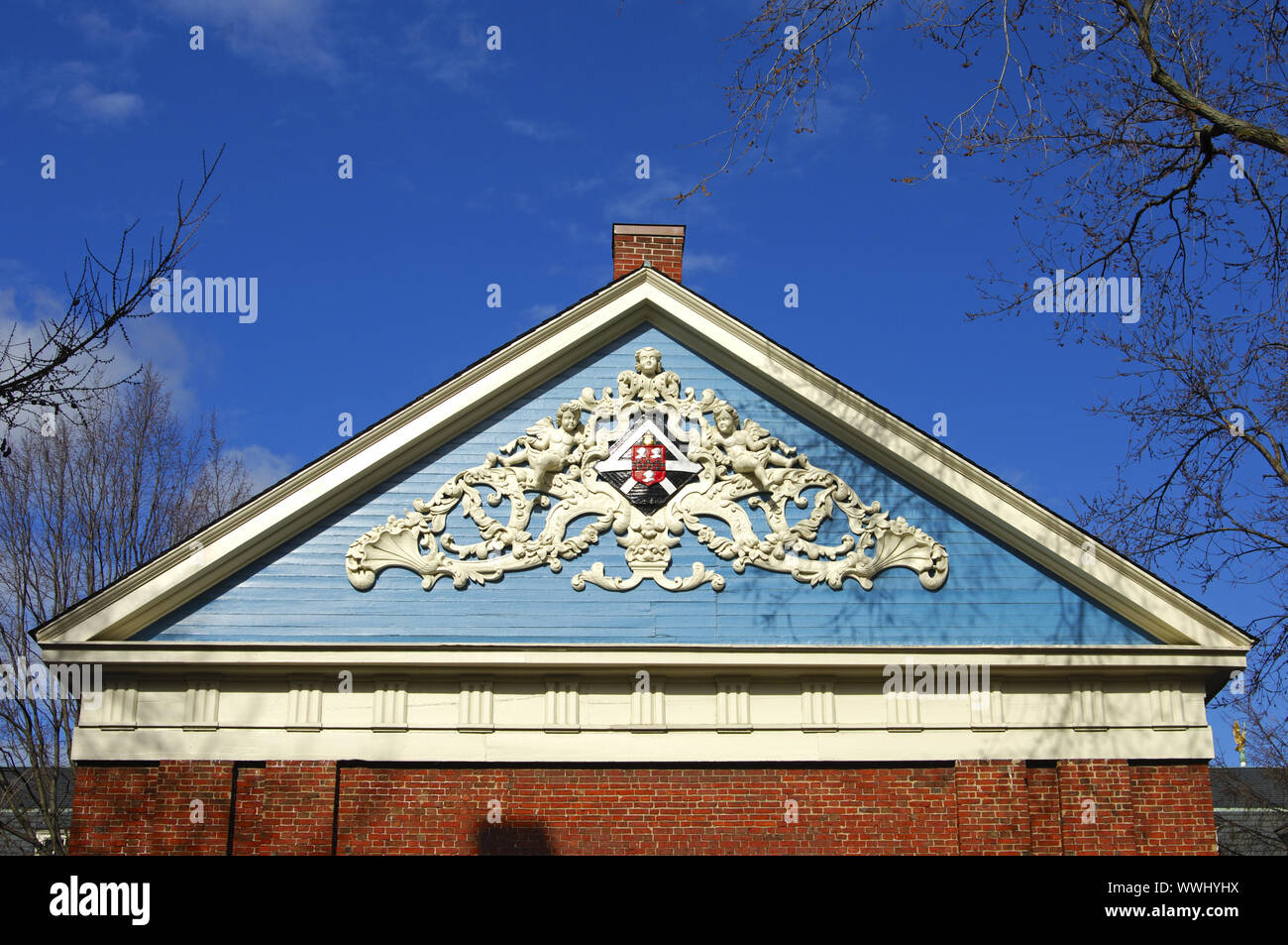 Decorated gable, Holden Chapel, Cambridge, USA Stock Photo