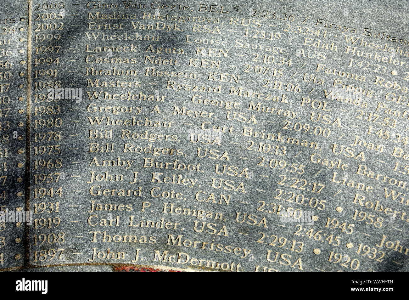 Names of the winners of the Boston marathon in granite Stock Photo