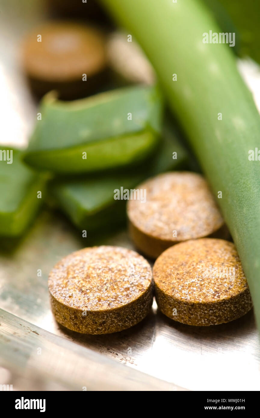 aloe vera plant with pills herbal medicine Stock Photo Alamy