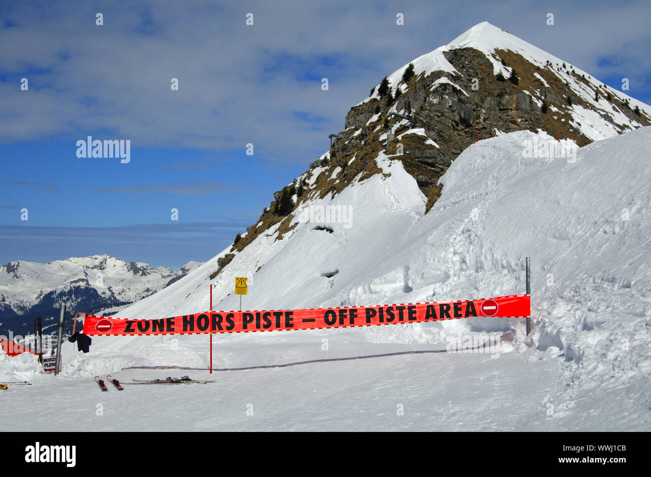 Warning sign on a closed slope in the ski area Morzine Avoriaz Stock Photo