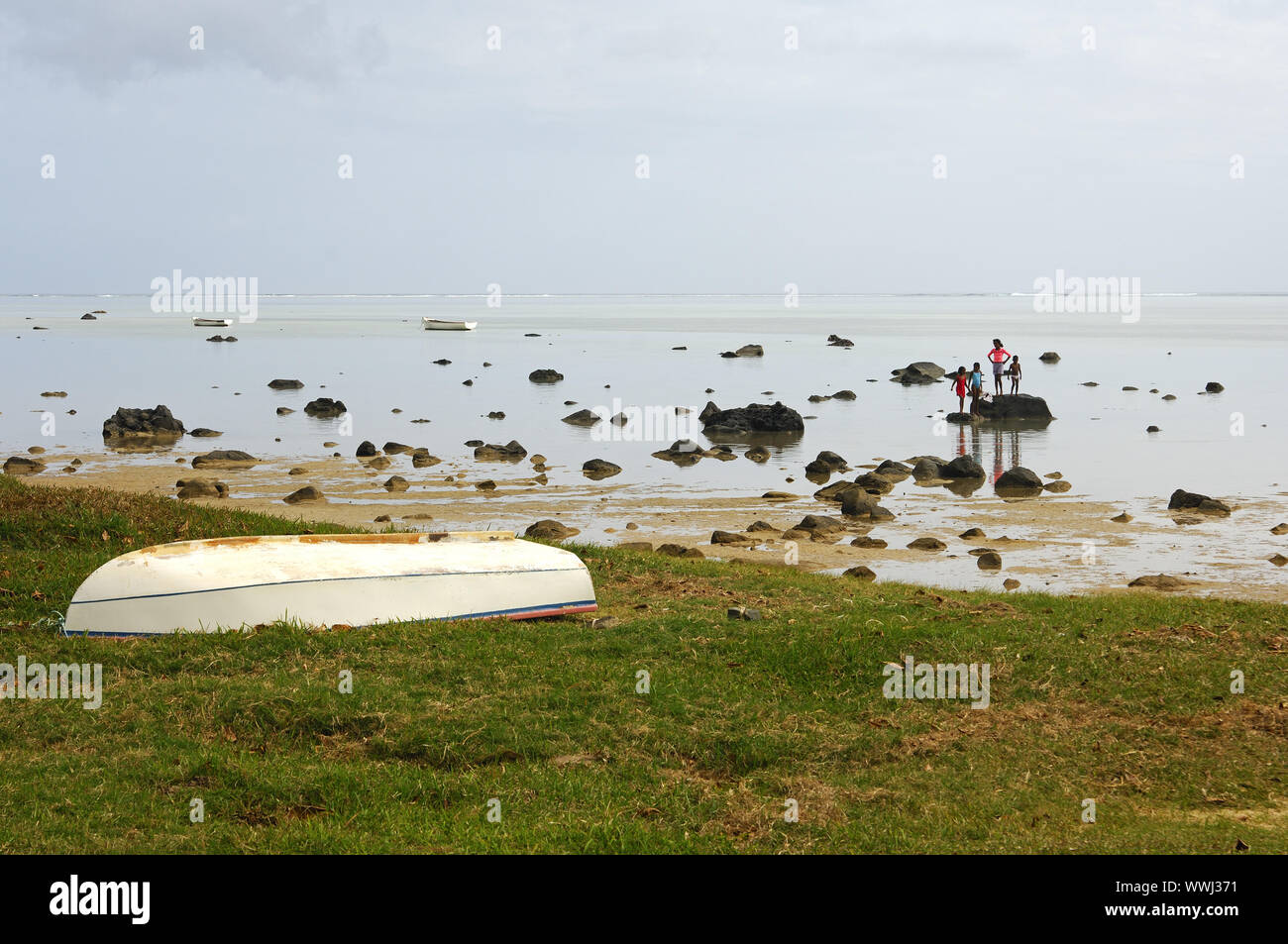 Indian Ocean coast at low tide, Mauritius Stock Photo
