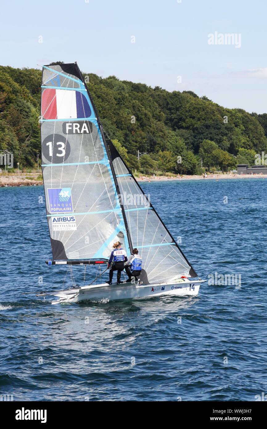 Aarhus, Denmark - August 9, 2018: Women French 49er FX sailing ship during the sailing world championship 2018 in Aarhus, Denmark Stock Photo