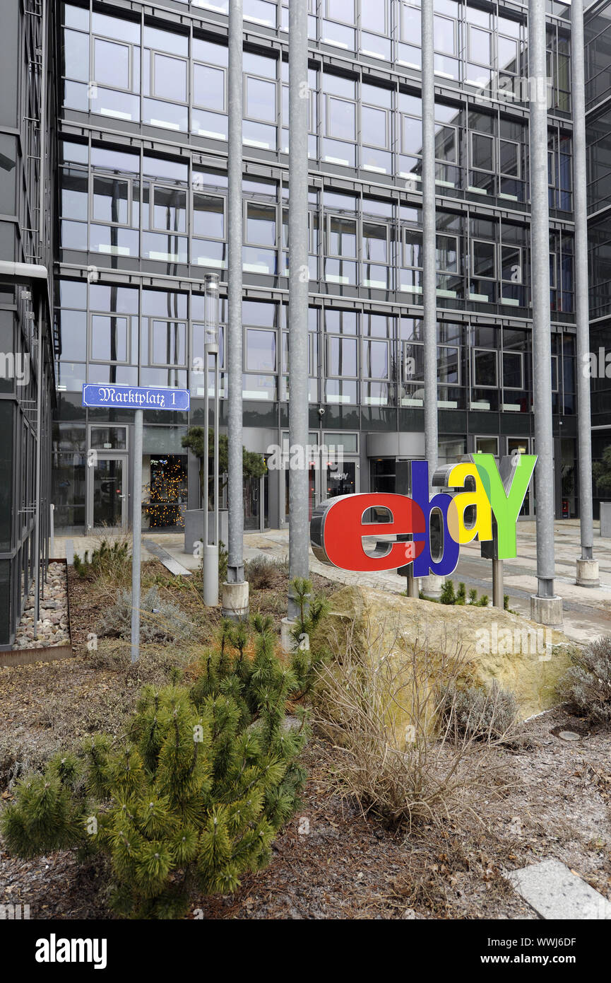 ebay logo at the main entrance of the German headquarters in Kleinmachnow near Berlin Stock Photo