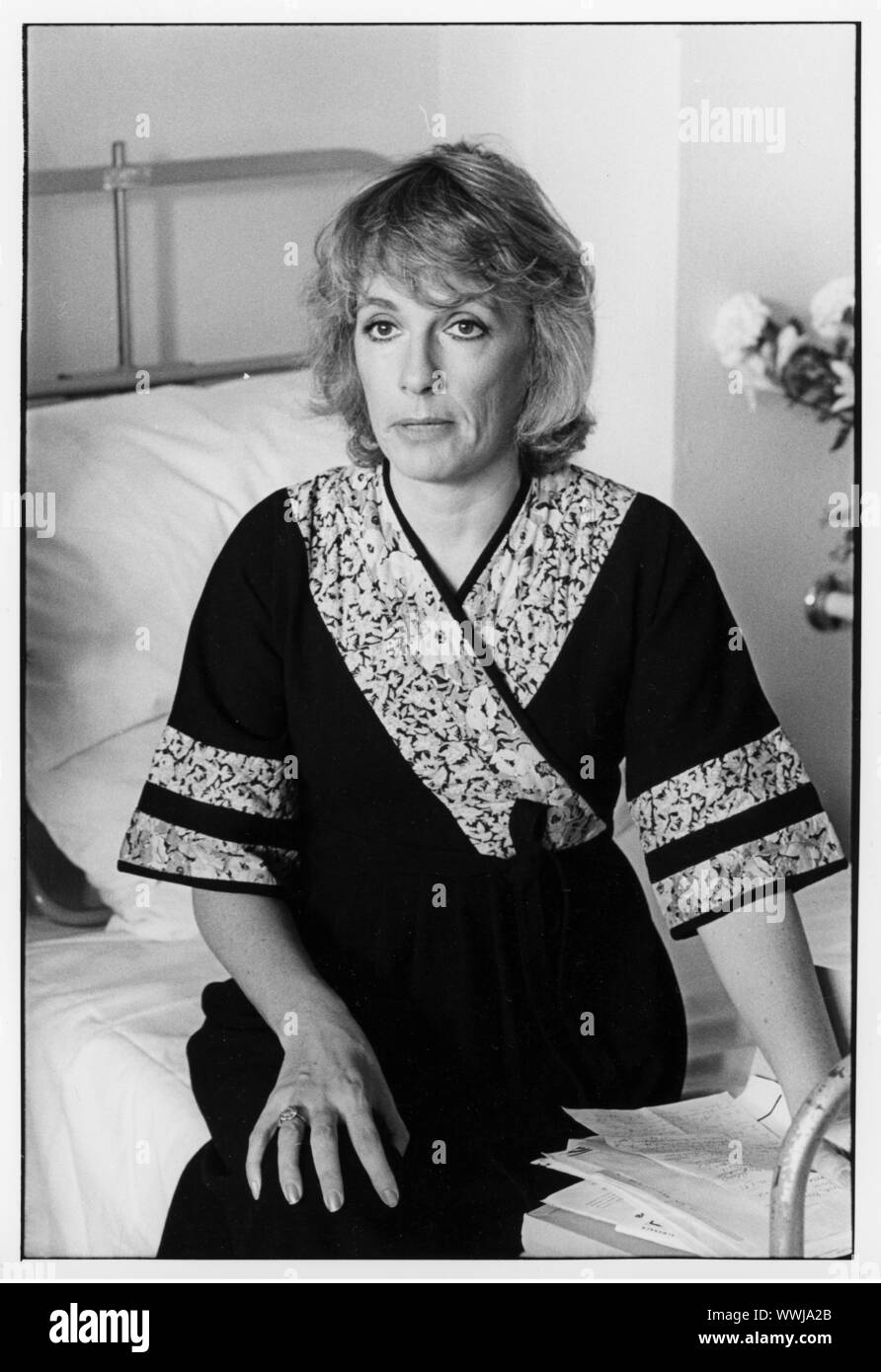 portrait of Esther Rantzen seated in hospital bed Stock Photo