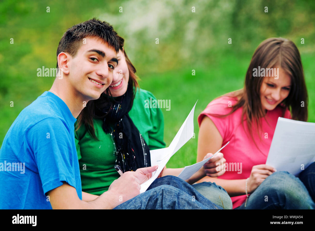 Highschool students learning together outdoor Stock Photo Alamy