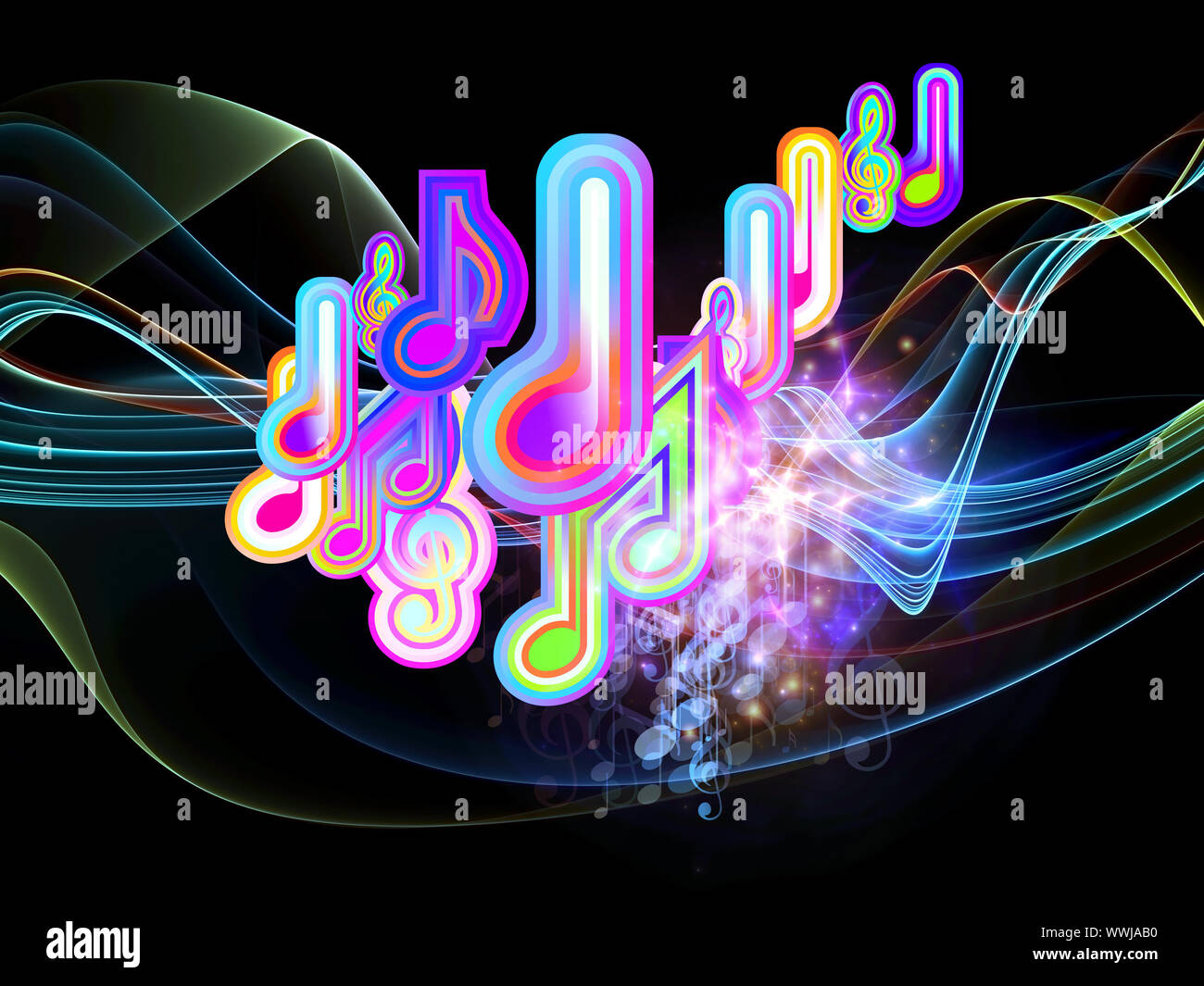 Interplay of music notes, fractal waves and abstract design