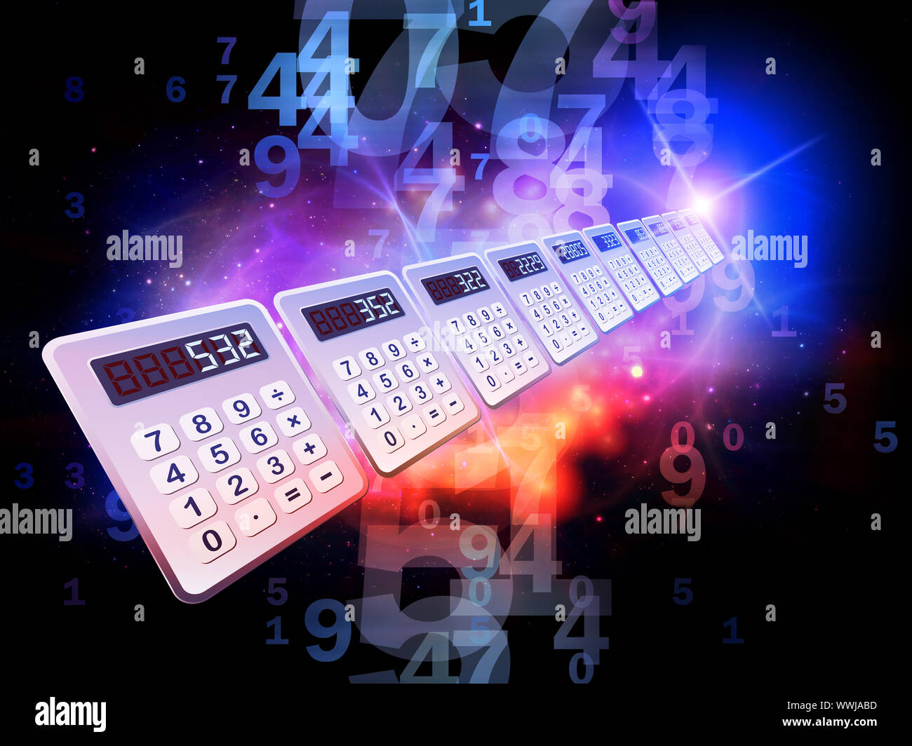 Interplay of digital calculator, numbers, colors and lights on the