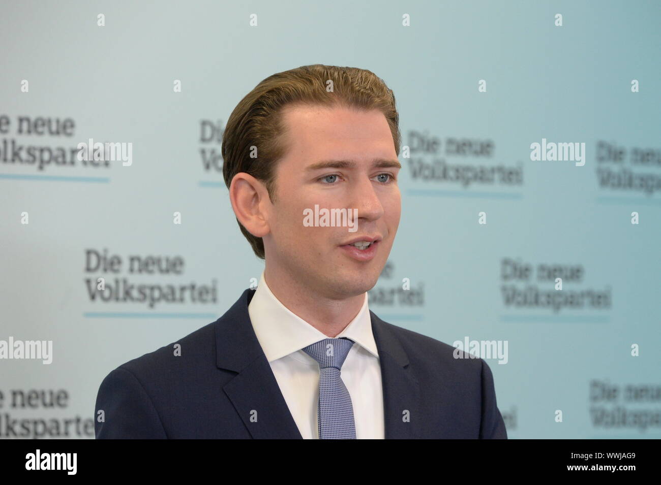 Vienna, Austria. 16th September, 2019. PRESS CONFERENCE on Presentation '100 projects for Austria' Part 2: Justice with federal party chairman Sebastian Kurz (List Sebastian Kurz, New People's Party) on 16 September 2019. Credit: Franz Perc/Alamy Live News Stock Photo