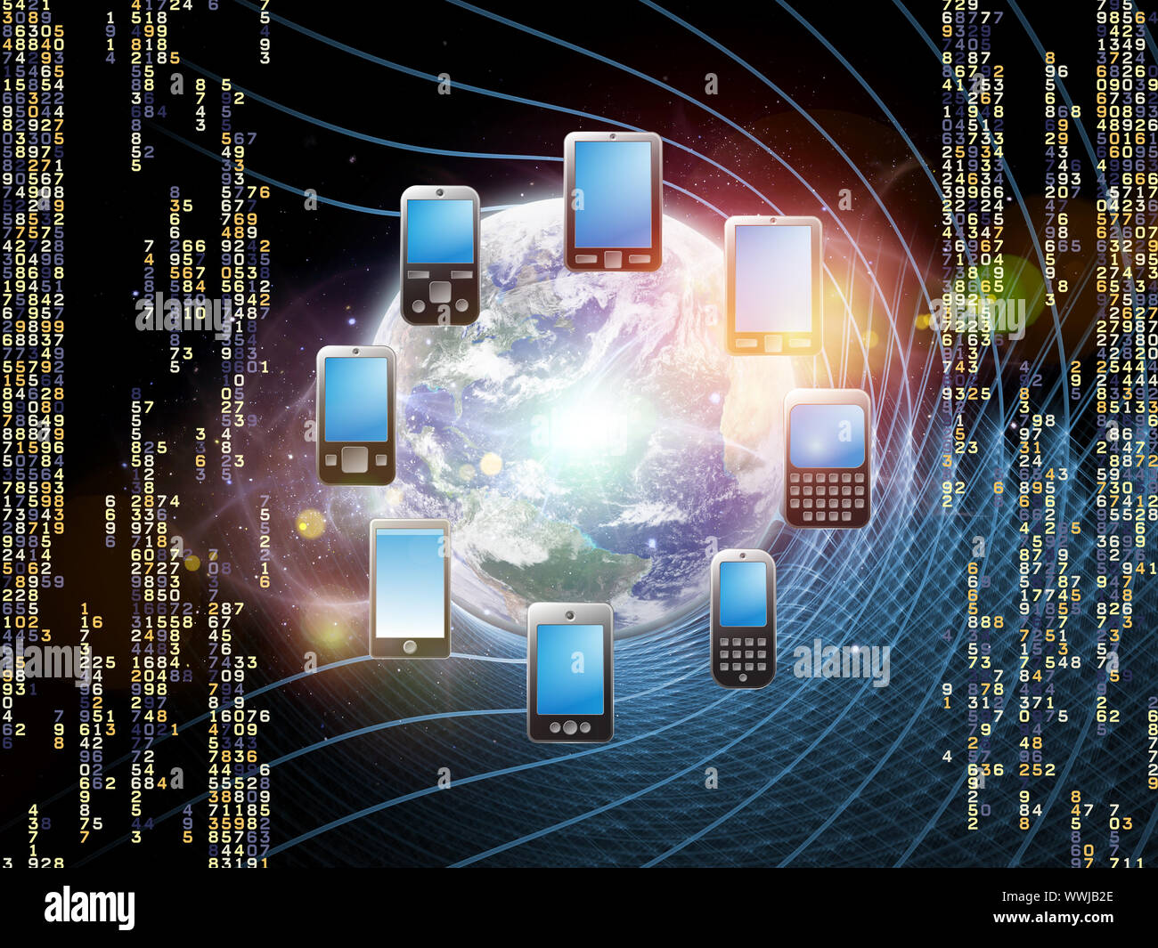 Rendering of arrangement of cellular phones, planet Earth and abstract design elements on the subject of global digital phone technologies, cellular c Stock Photo