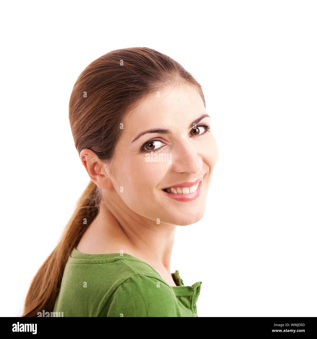 Portrait of a beautiful young woman smiling, isolated over white ...