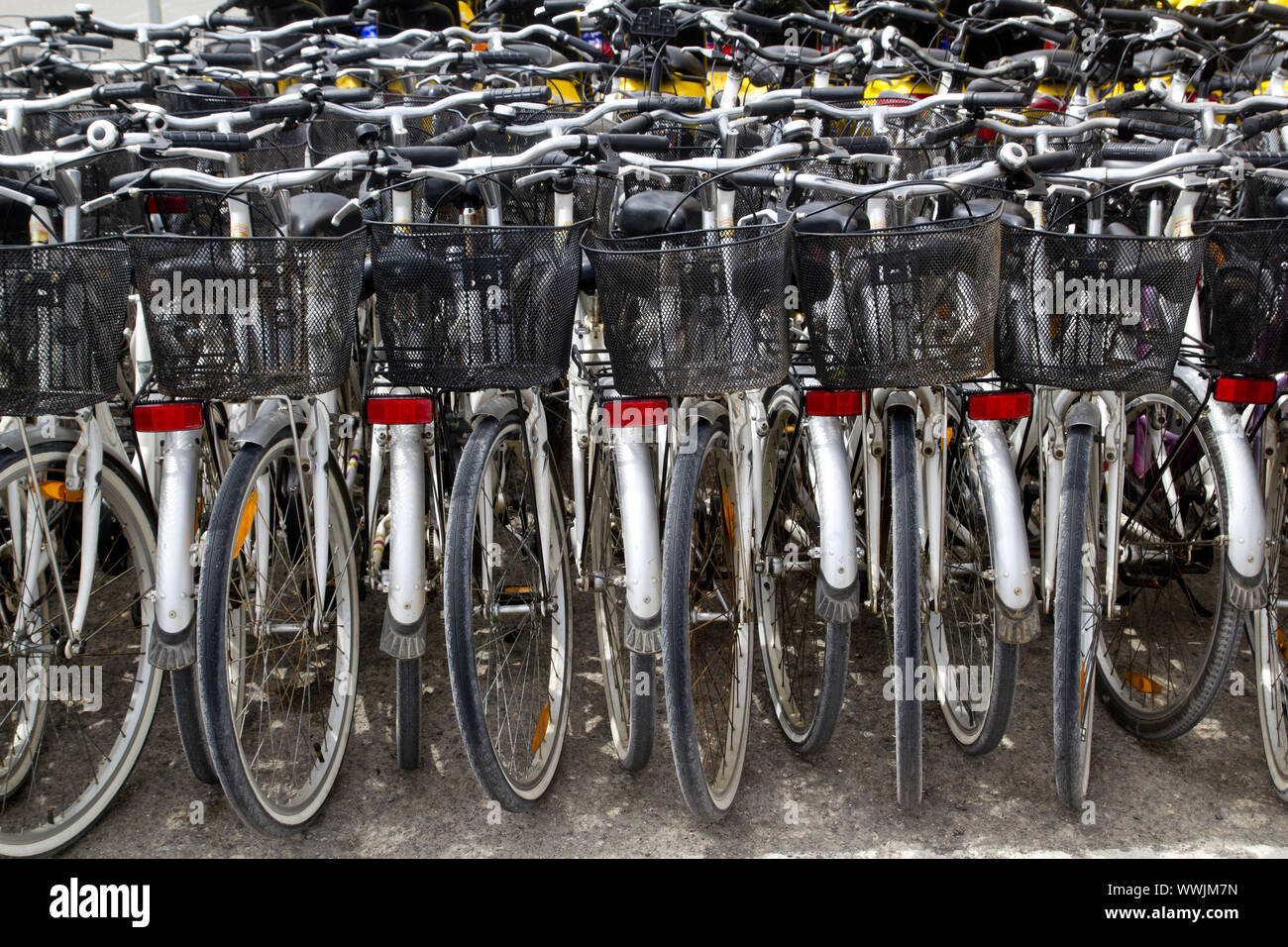 bicycles renting shop pattern rows parking in balearic islands Stock Photo