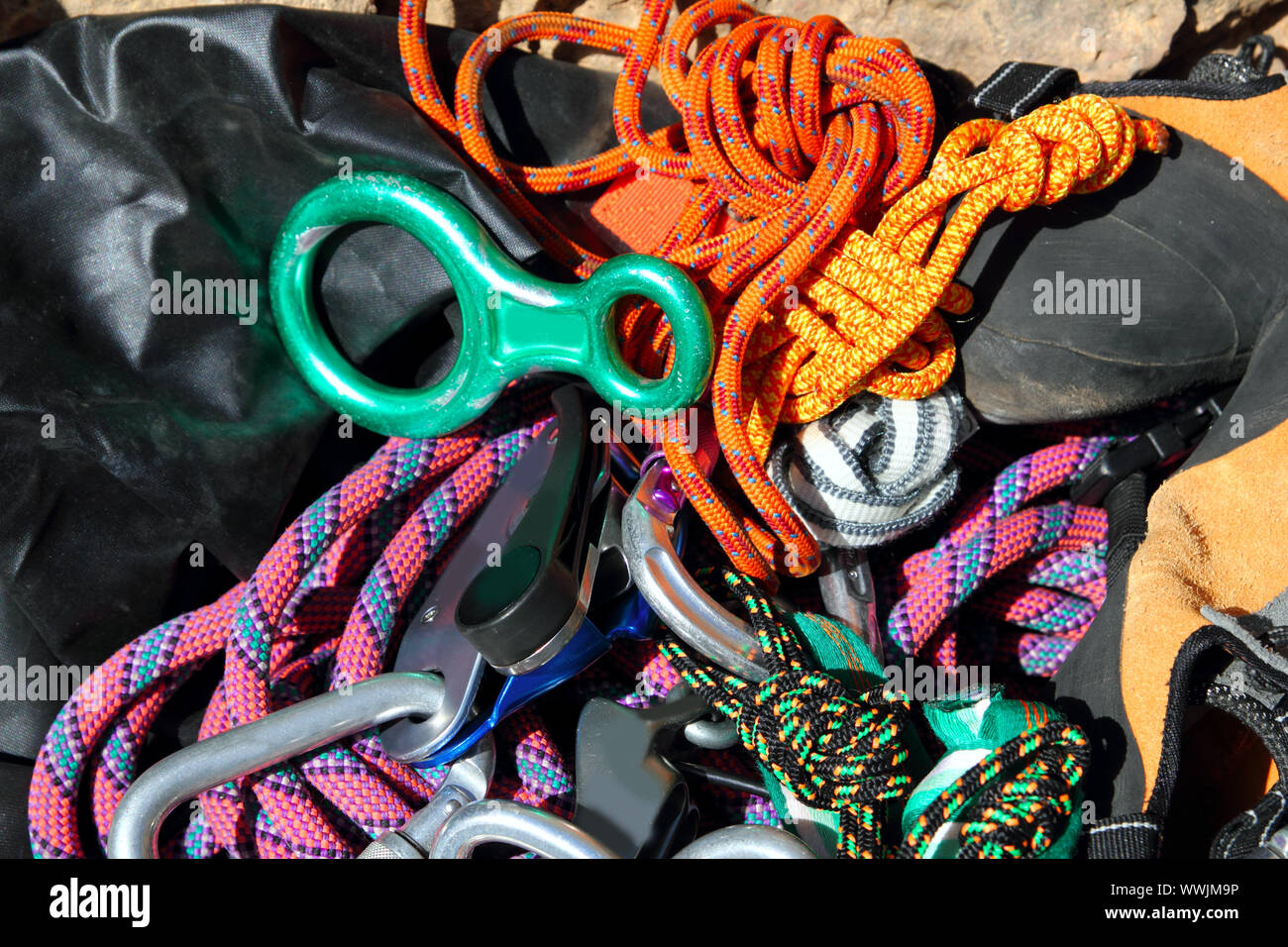 climbing sport equipment shackles harnesses ropes Stock Photo Alamy