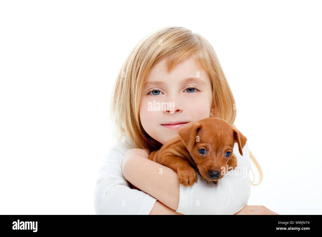 Blond children girl with dog puppy mascot mini pinscher on white ...