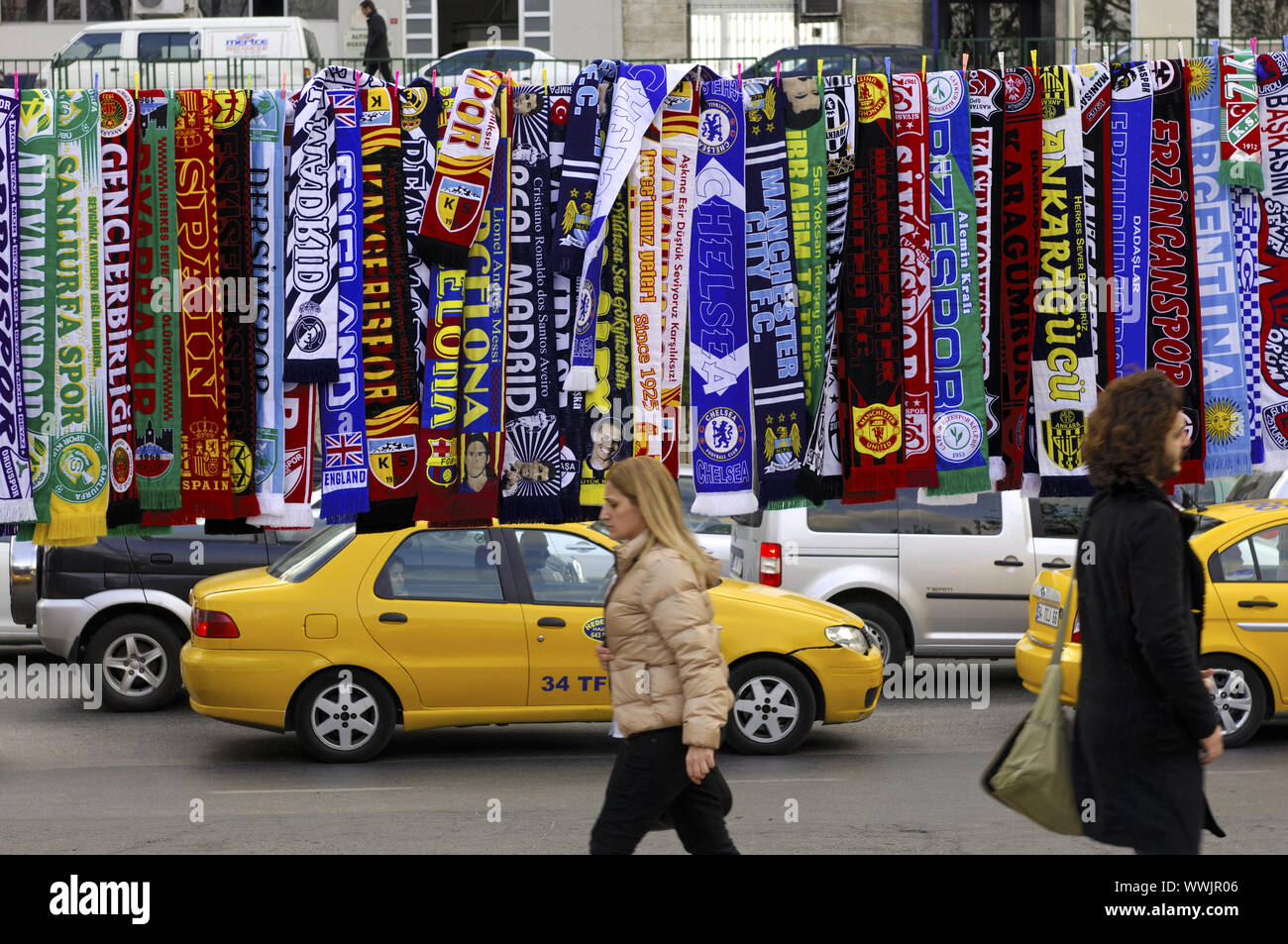 Colorful scarfs as footbal merchandise, Istanbul Stock Photo