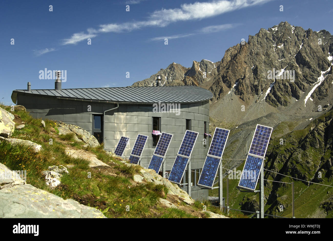 Cabane du Velan with its six solar panels, Valais Stock Photo
