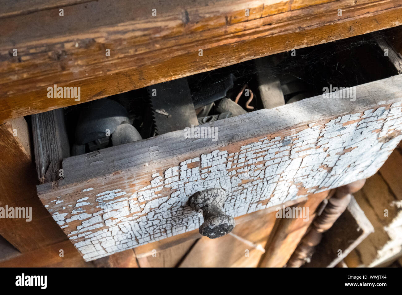 Ajar Old Toolbox Wooden Chest Of Drawers Cracked Paint On A