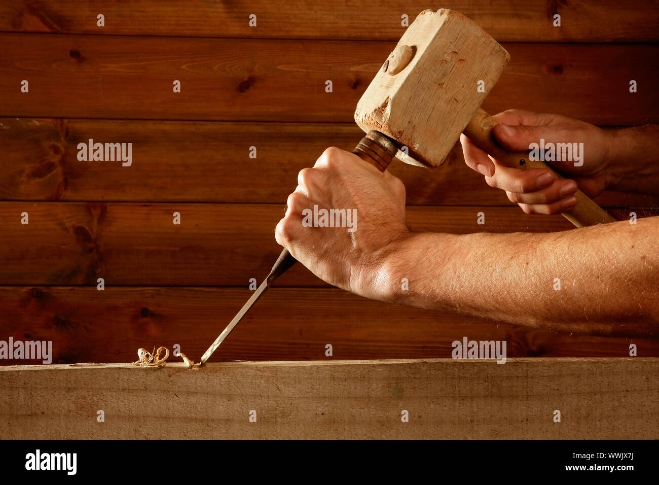 gouge wood chisel carpenter tool hammer in hand working wooden background Stock Photo