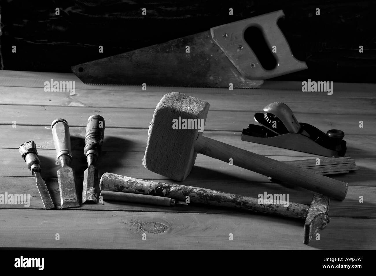 carpenter craftman hand tools saw hammer wood tape plane gouge Stock Photo