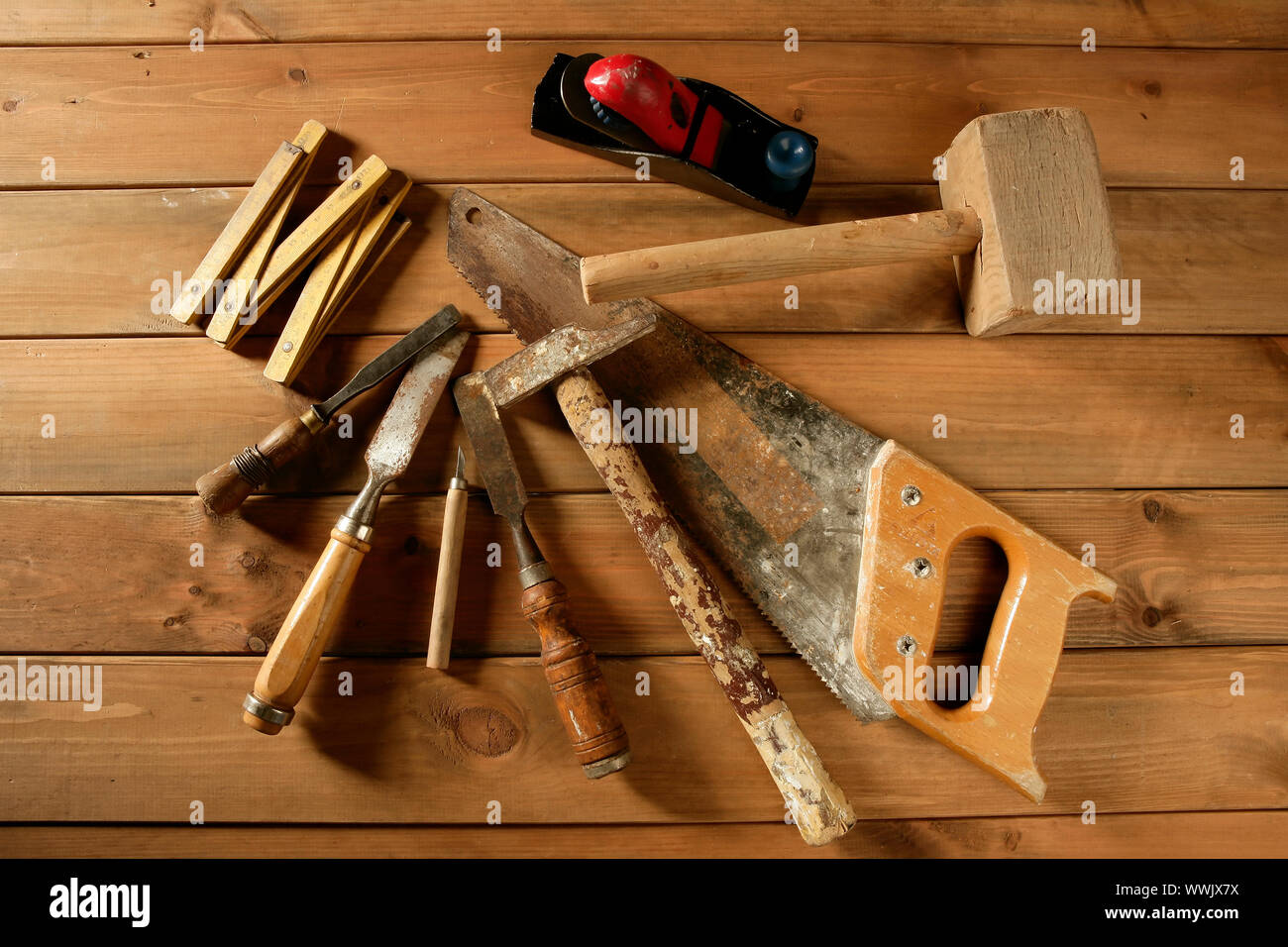 carpenter craftman hand tools saw hammer wood tape plane gouge Stock Photo