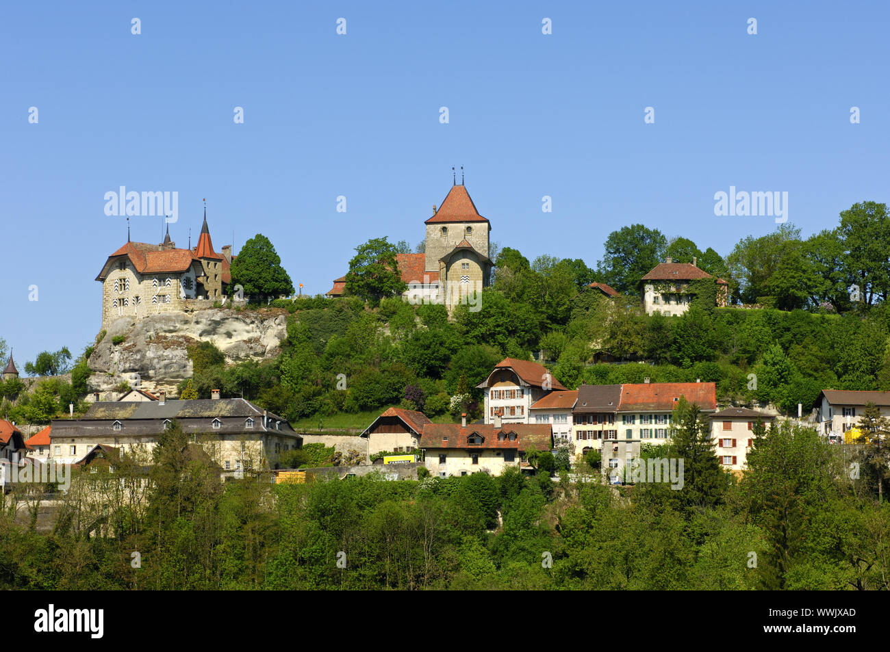 Château de Rue on a rock, Rue, Broye, Switzerland Stock Photo