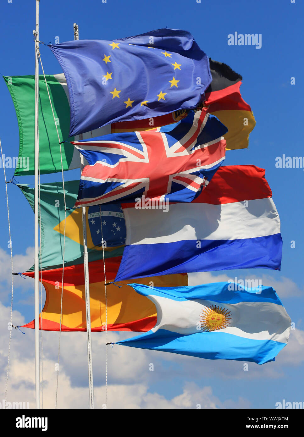 The National Flags Of France Uk Italy Spain And Germany Along With The European Union Flag As Well As The Brazilian And Argentinian All Flying Toge Stock Photo Alamy