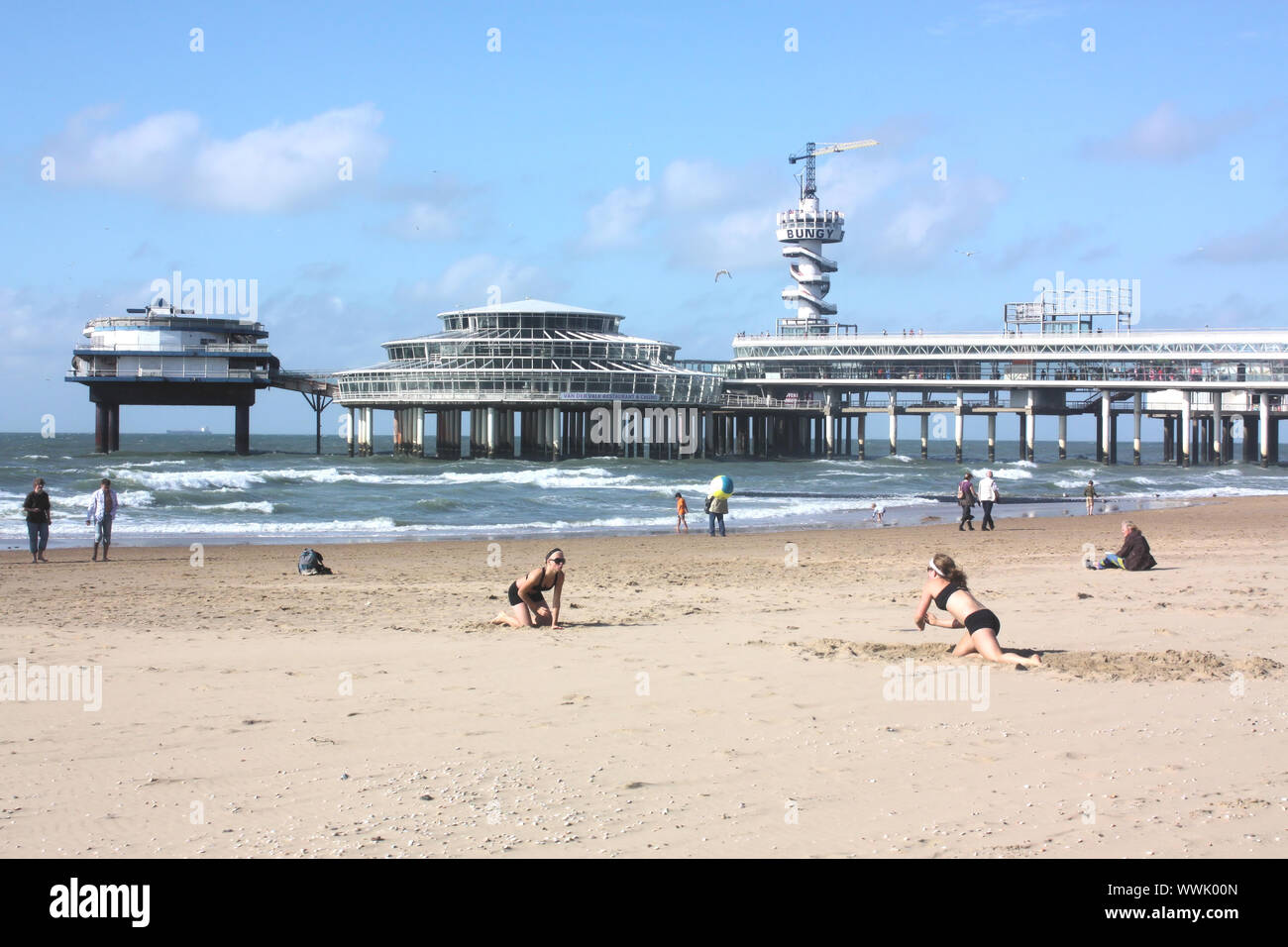 De Pier in Scheveningen gives a magnificent view of the shoreline and the sea. the underground is sealed with strong glass walls and has many shops. Stock Photo