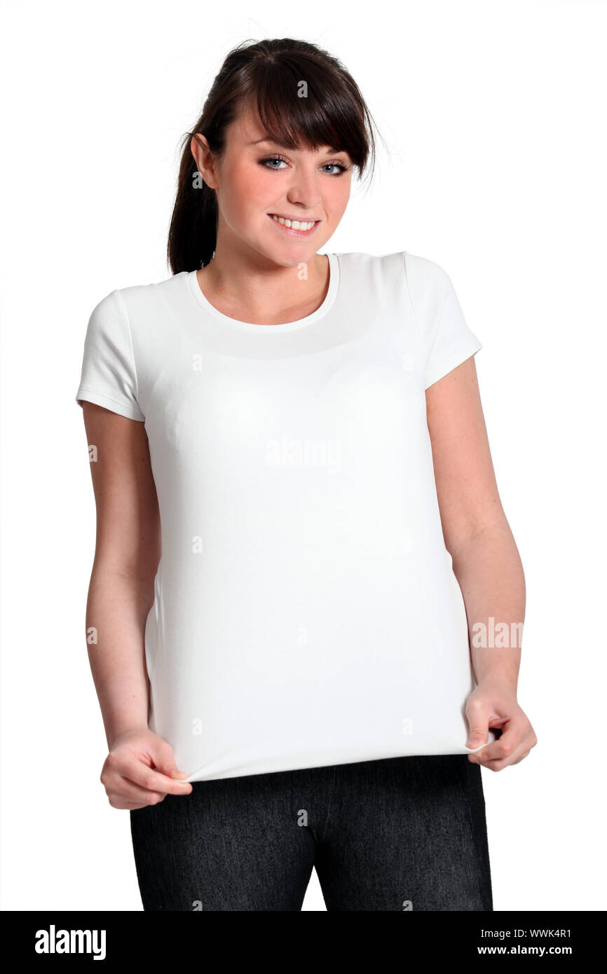 Girl stretching the shirt Stock Photo Alamy