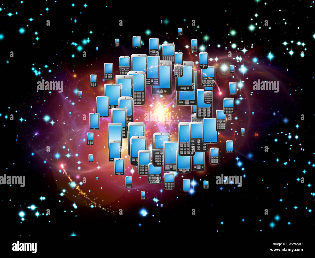Rendering of cellular phones and abstract design elements on the subject of phone technology, cellular communication and modern electronic gadgets Stock Photo