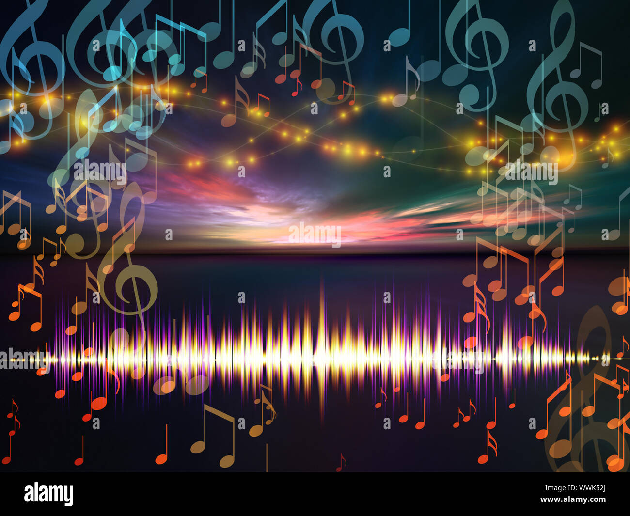 Interplay of landscape background, sound wave and notes on the subject of  music, audio and sound technology Stock Photo - Alamy