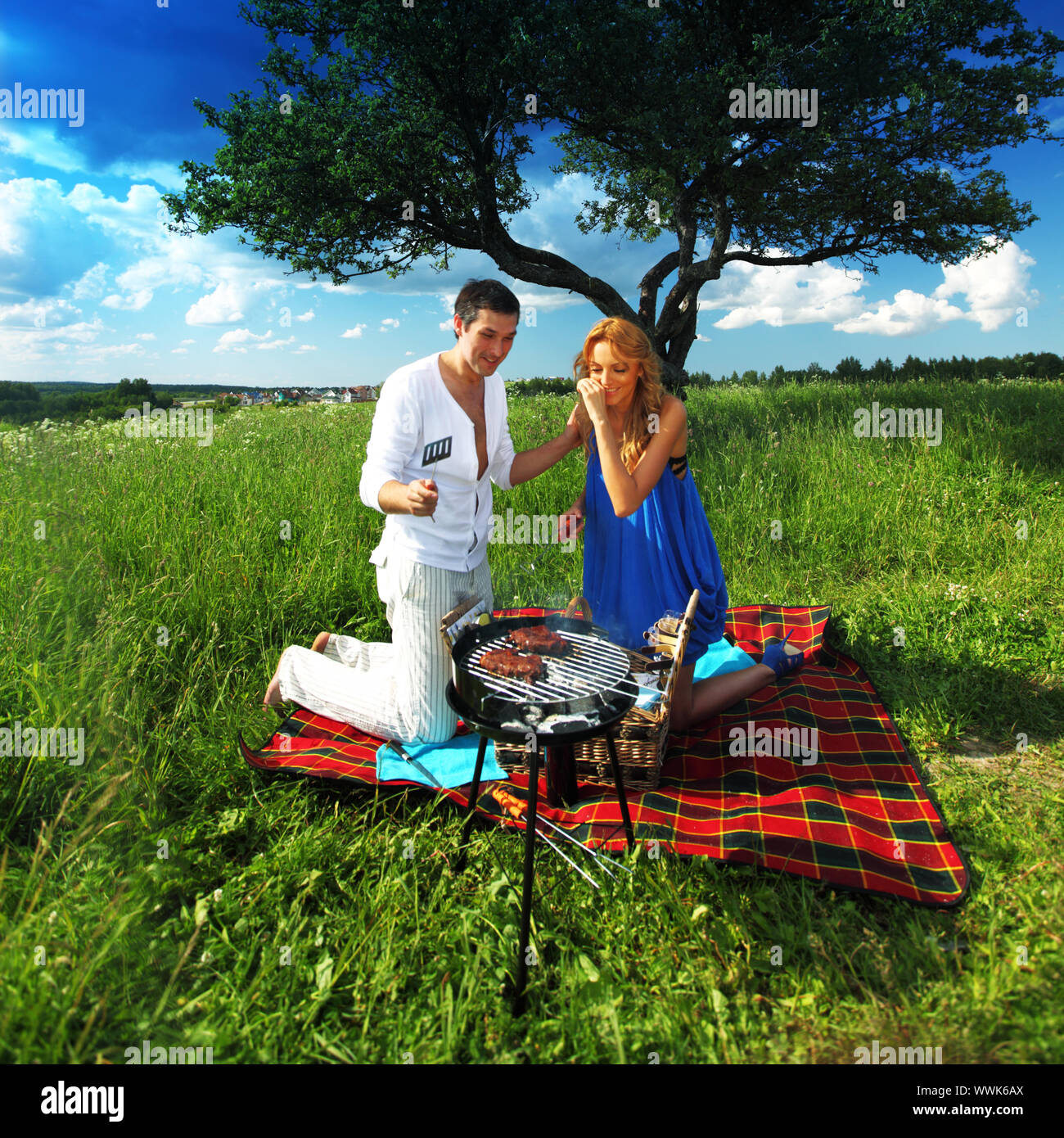 man and woman on picnic in green grass Stock Photo - Alamy