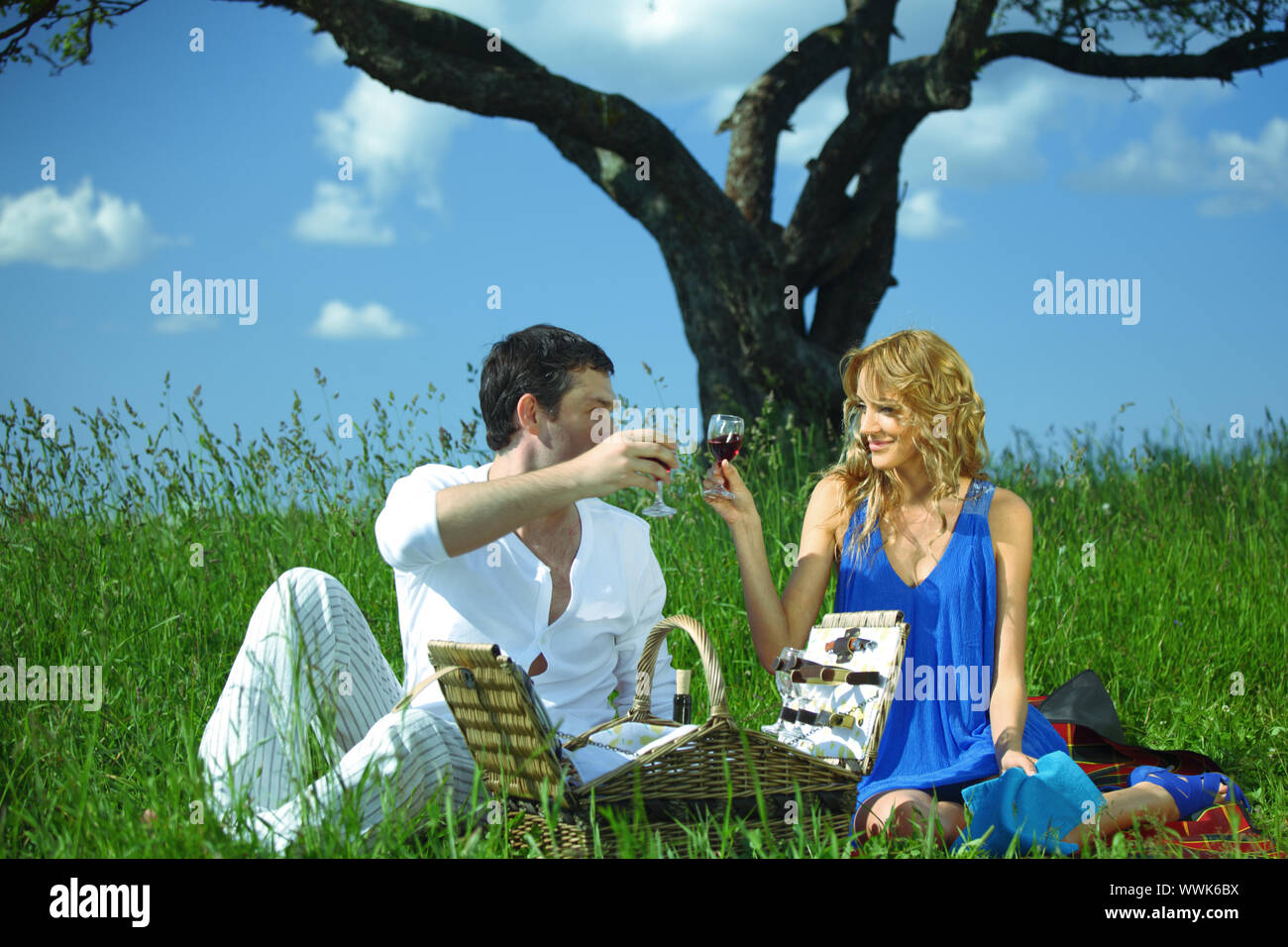 man and woman on picnic in green grass Stock Photo - Alamy