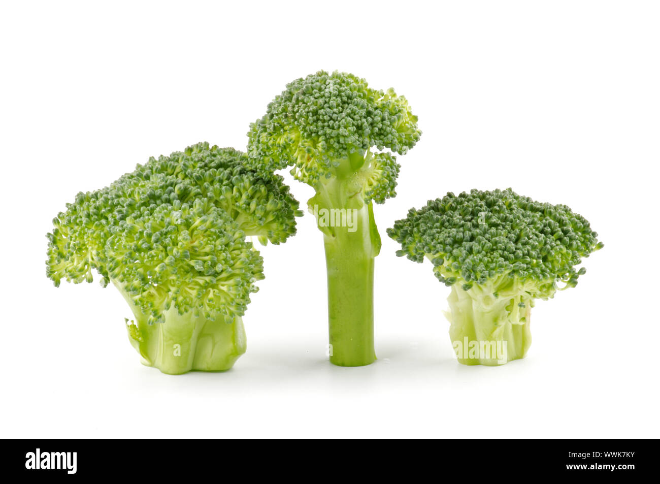 Three broccoli florets isolated on white background Stock Photo