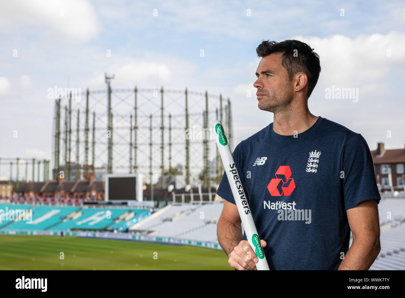 England cricket player James Anderson poses ahead of the Fifth Specsavers Ashes Test at The Oval, London Stock Photo