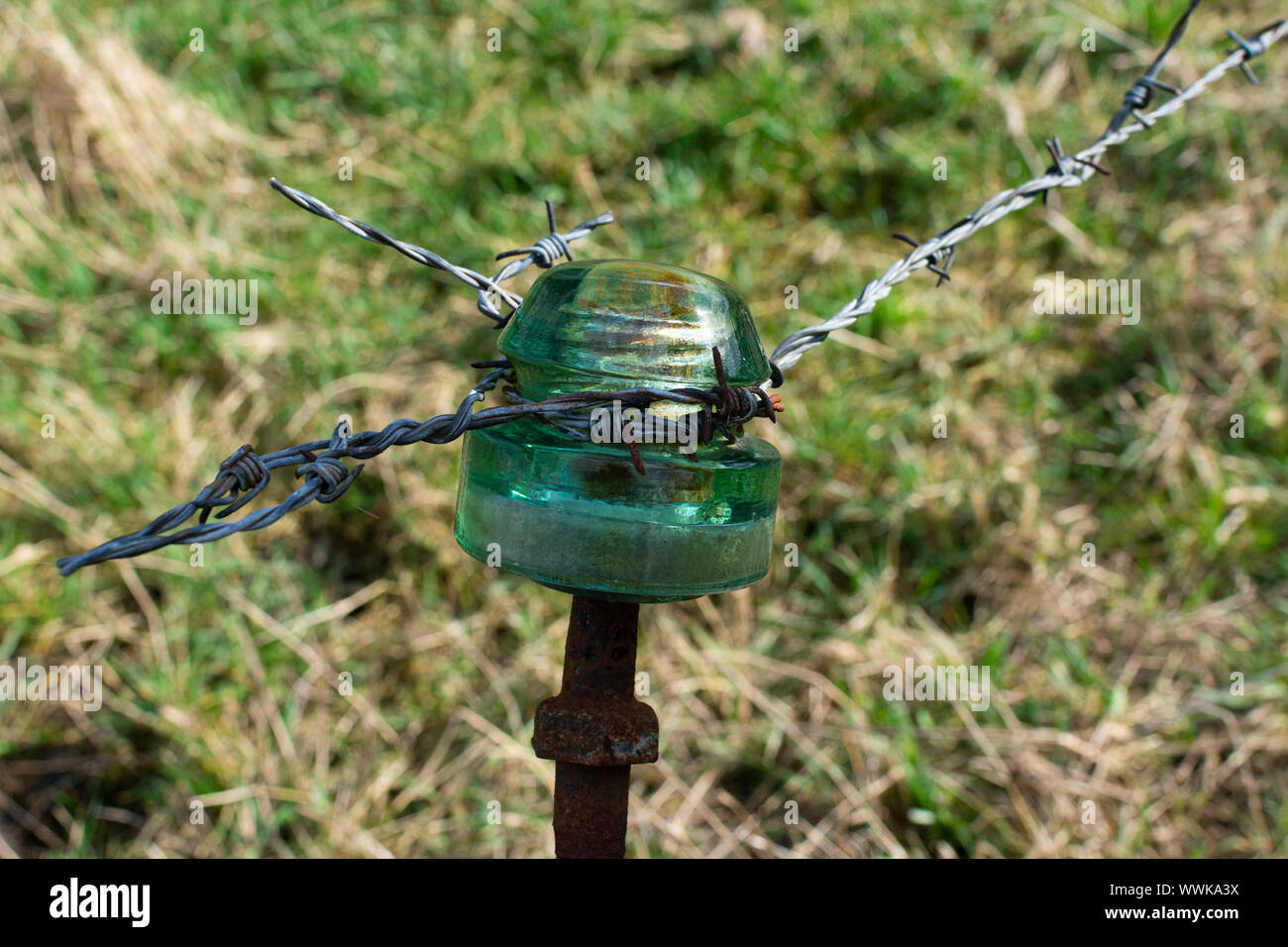 Old vintage rusty electric glass insulator with left and right wire Stock Photo