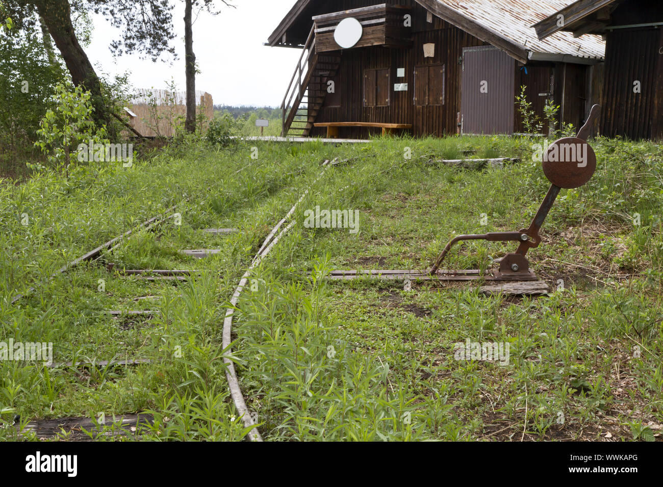 Disused railway line in an upland moor in Bavaria Stock Photo