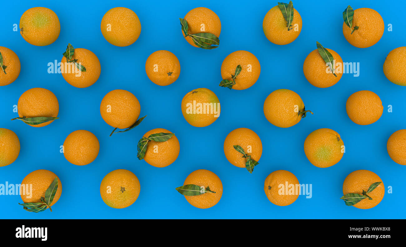 flat lay background of a series of oranges on a blue background, 3d image render. Healthy food concept. Stock Photo
